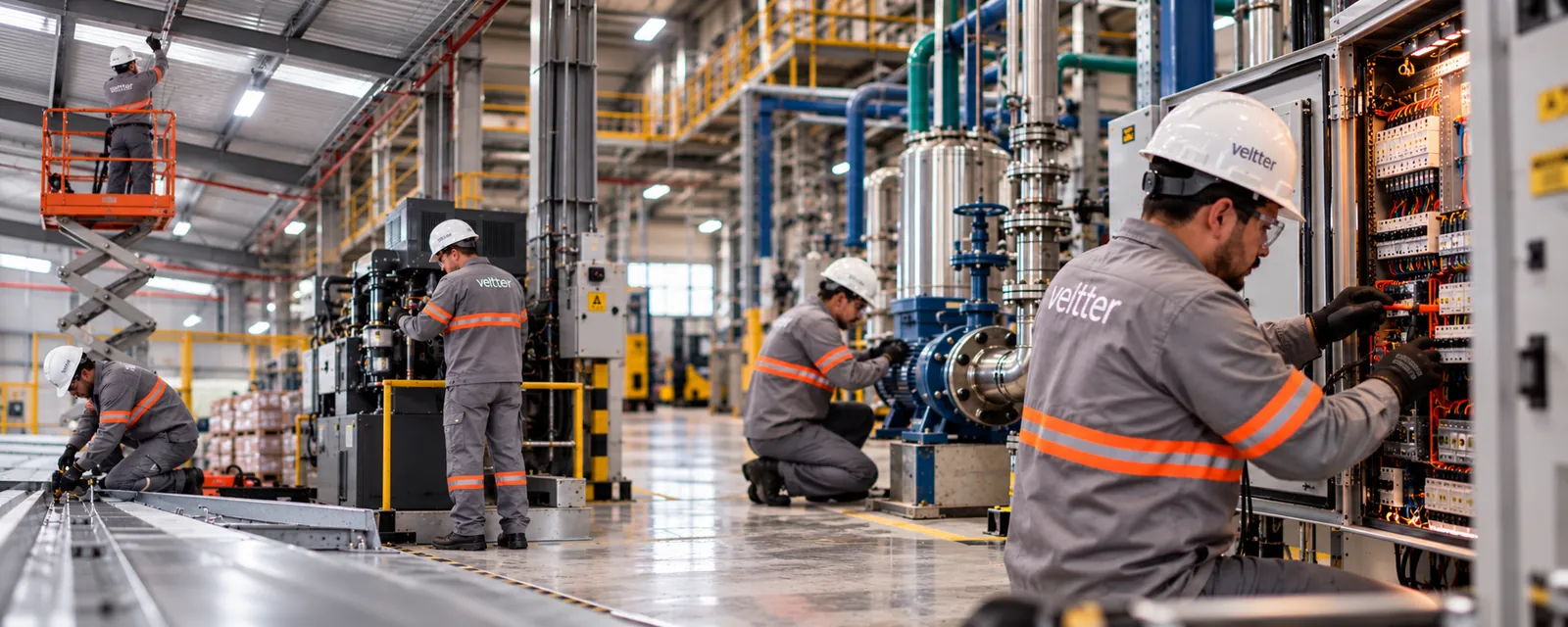 Equipe multitécnica da Veltter em manutenção numa planta industrial