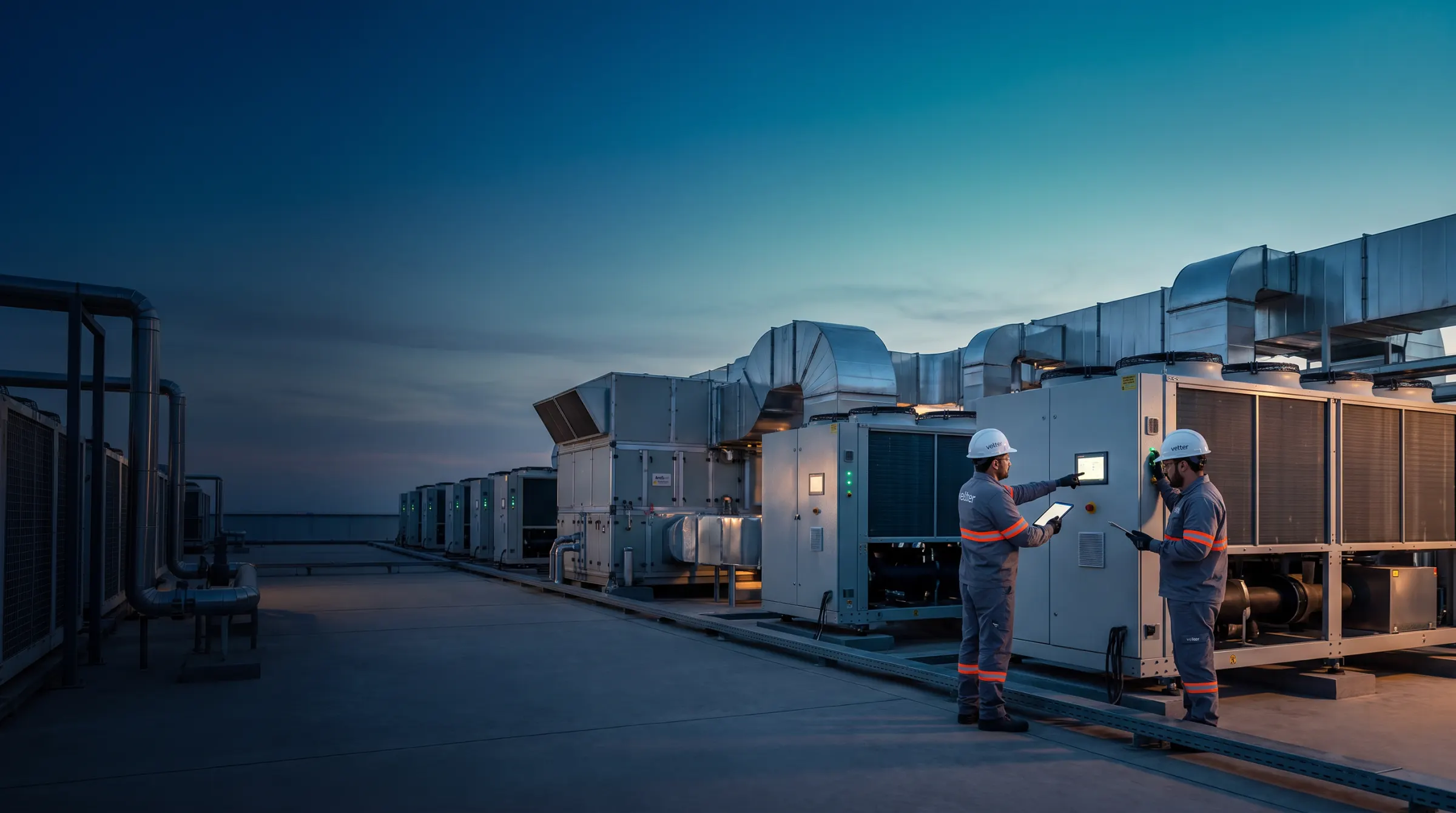 Técnicos Veltter inspecionando chillers em cobertura industrial